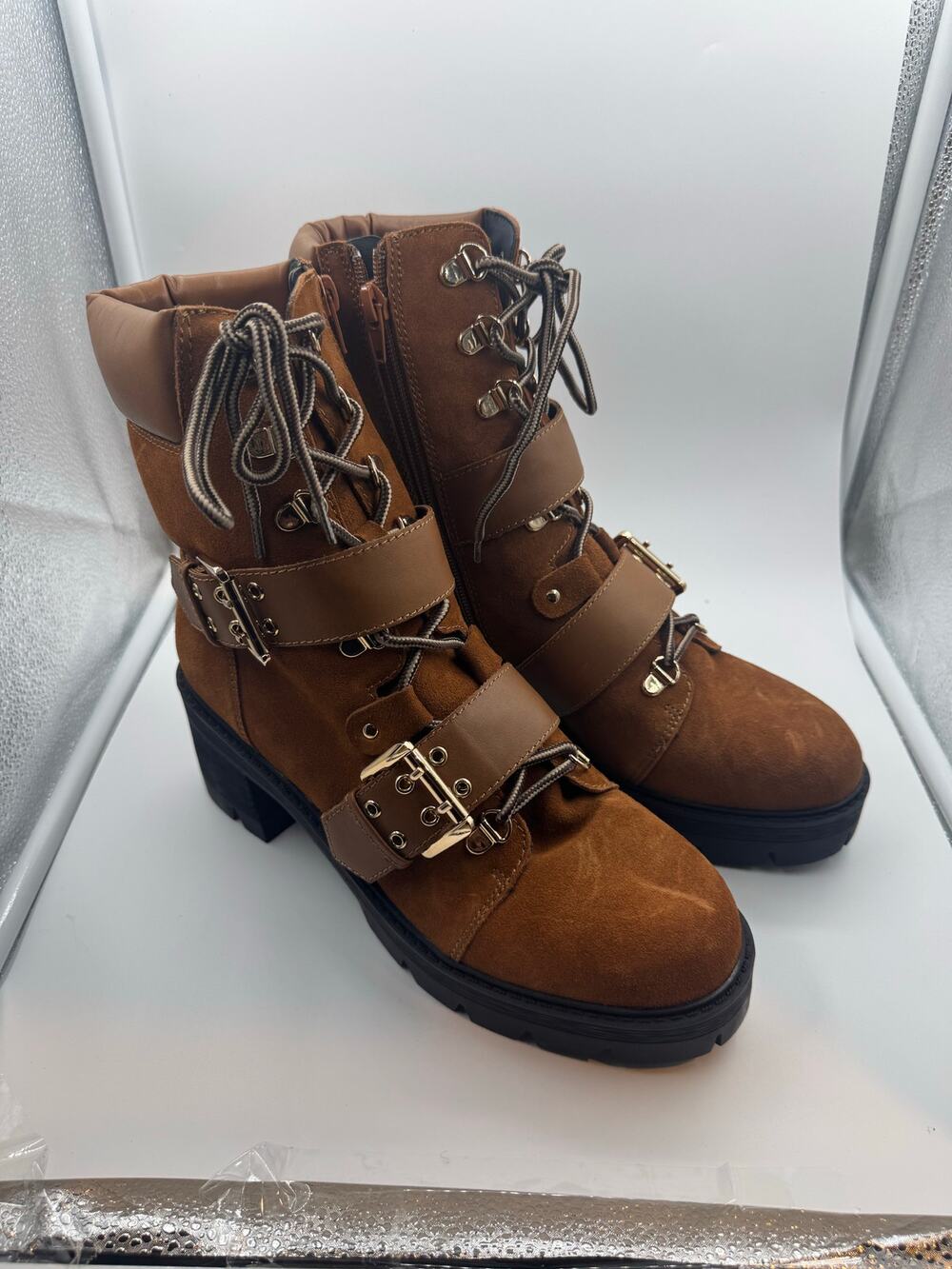 QUA Genie Women's Leather Buckle Hiker Boots - Cognac Size 9